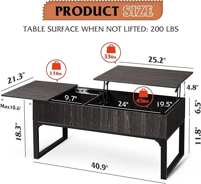 WLIVE Lift Top Coffee Table with Storage, Coffee Table with Lifting Top & Sliding Top, Wood Coffee Table for Living Room, Modern Center Table with 2 Hidden Compartment for Home, Office, Charcoal Black - LeafyLoom