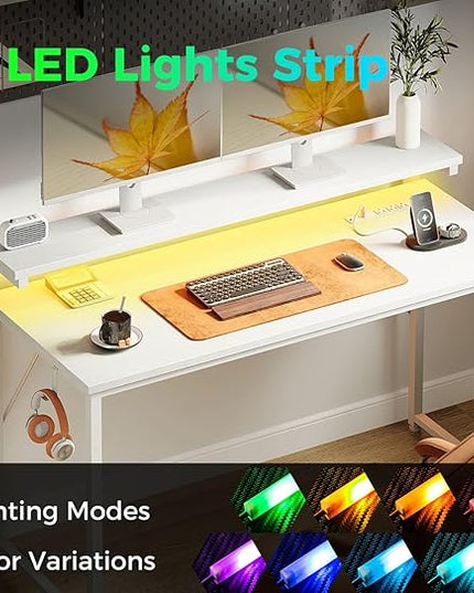 AODK Computer Desk, 48 Inch Gaming Desk with LED Lights and Power Outlet, Office Desk with Adjustable Monitor Shelf (3 Heights), Computer Table Work Desk for Home/Bedroom, White - LeafyLoom