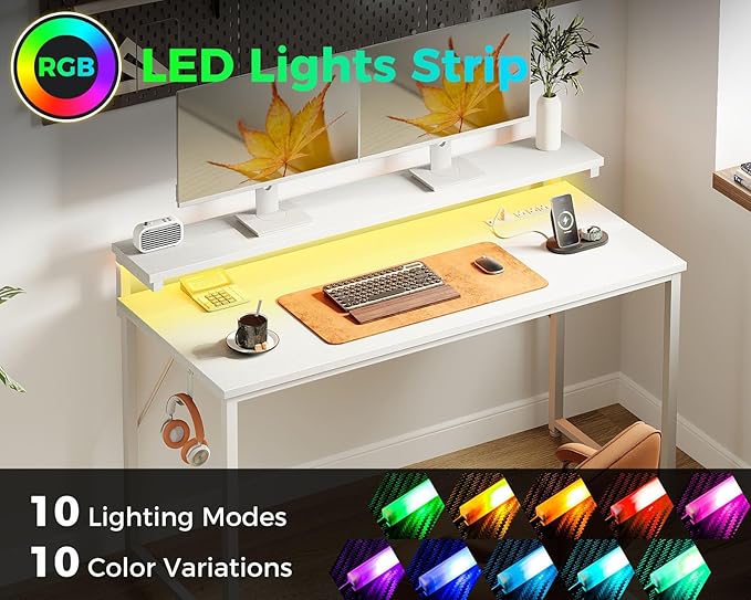 AODK Computer Desk, 48 Inch Gaming Desk with LED Lights and Power Outlet, Office Desk with Adjustable Monitor Shelf (3 Heights), Computer Table Work Desk for Home/Bedroom, White - LeafyLoom
