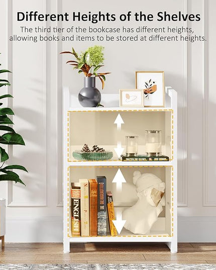 Book Shelf Small Bookshelf - 3-Tier Wood Bookcase Industrial Bookshelf Metal Narrow Bookshelves Storage Organizer Display Rack for Bedroom Living Room Home Office (White) - LeafyLoom
