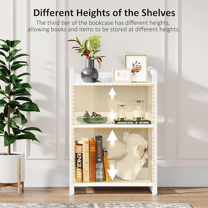 Book Shelf Small Bookshelf - 3-Tier Wood Bookcase Industrial Bookshelf Metal Narrow Bookshelves Storage Organizer Display Rack for Bedroom Living Room Home Office (White) - LeafyLoom