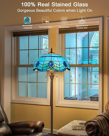 Capulina Tiffany Floor Lamp 2-Light 16X16X63 Inches Blue Sky Style Stained Glass Standing Reading Light for Living Room Bedroom Home Office - LeafyLoom