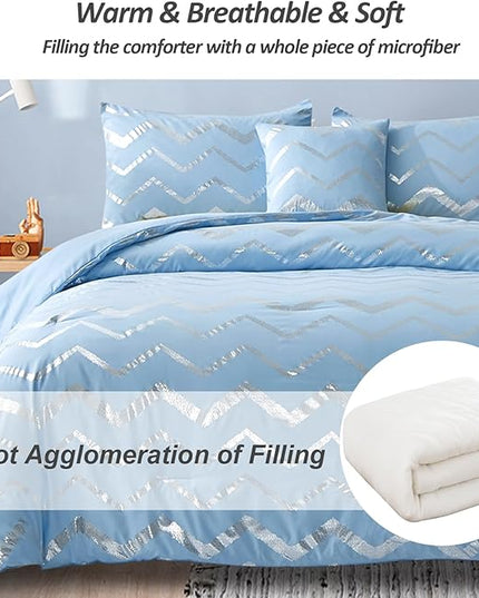 King Comforter Set Blue/Silver Metallic Print Glitter Bedding Set Cute Shinny Bed Sets for Teen Girls Kids Women, 4 Piece (2 Pillowcases, 1 Decorative Pillow Sham) - LeafyLoom