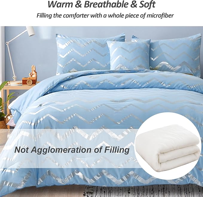 Blue/Silver Comforter Set Queen, Metallic Print Glitter Bedding Set Cute Shinny Bed Sets for Teen Girls Kids Women, 4 Piece (2 Pillowcases, 1 Decorative Pillow Sham) - LeafyLoom