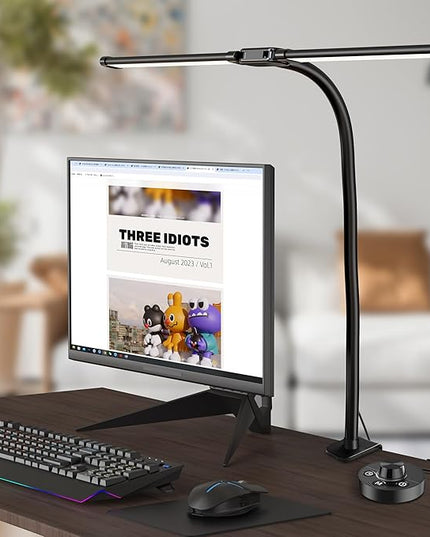 Desk Lamps for Home Office, 24W Ultra Bright Double Head Architect Task Lamp with Clamp, Desktop Stepless Dimmer 50 Lighting Modes Adjustable Flexible Gooseneck Table Light, Black, DH24W - LeafyLoom