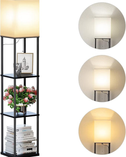 SUNMORY Floor Lamp with Shelves, Modern Square Standing Lamp with 3 Color Temperature Bulb, Corner Display Bookshelf Lamp for Living Room and Bedroom(Black) - LeafyLoom