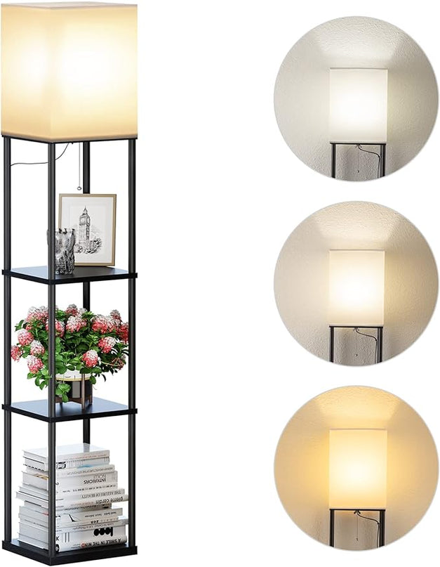 SUNMORY Floor Lamp with Shelves, Modern Square Standing Lamp with 3 Color Temperature Bulb, Corner Display Bookshelf Lamp for Living Room and Bedroom(Black) - LeafyLoom