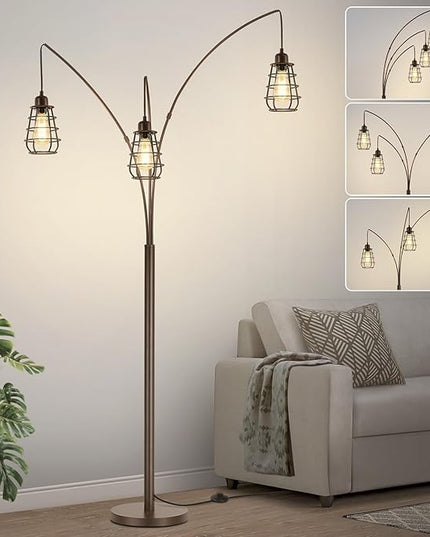 Industrial Floor Lamp, 3 Light Arc Floor Lamps for Living Room, 76 Inch Tall Standing Lamp with Metal Cage Shades & Foot Switch, Vintage Floor Lamp for Bedroom, Office, Corner, Bronze - LeafyLoom