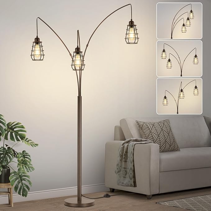 Industrial Floor Lamp, 3 Light Arc Floor Lamps for Living Room, 76 Inch Tall Standing Lamp with Metal Cage Shades & Foot Switch, Vintage Floor Lamp for Bedroom, Office, Corner, Bronze - LeafyLoom
