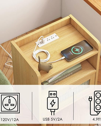 Fixwal Boho Nightstand, Rattan Nightstand with Charging Station, Storage Table with Drawers and Solid Wood Legs for Bedroom, Dormitory - LeafyLoom