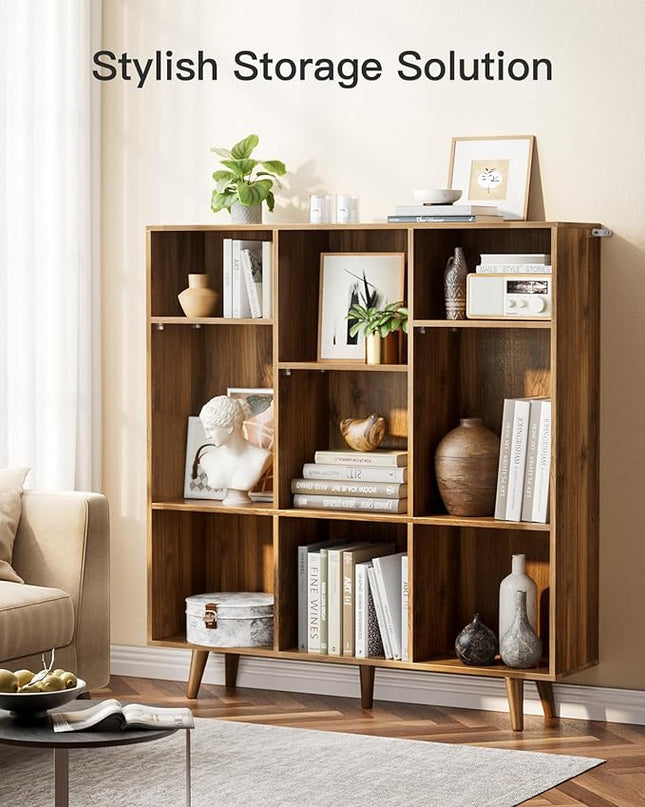 Pipishell 9-Cube Bookshelf, Bookcase with 3 Height-Adjustable Shelves and Solid Legs, Cube Storage Shelf, Modern Freestanding Open Bookshelf for Living Room, Bedroom (Walnut) - LeafyLoom