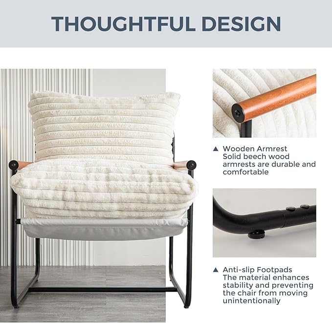 MAXYOYO Accent Chair, Sherpa Arm Chair for Living Room, Mid Century Modern Accent Chairs, Boucle Reading Bedroom Chair, Teddy Armchair, Wooden Arms Metal Frame - LeafyLoom