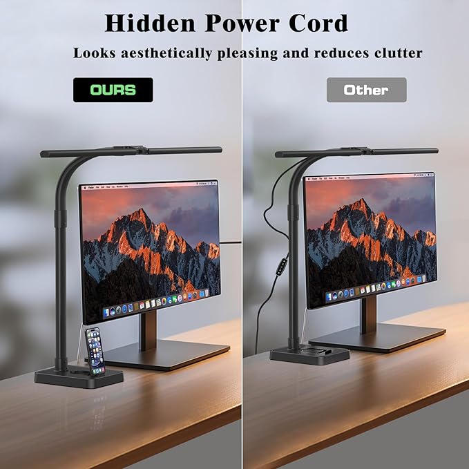 LED Desk Lamp for Home Office, 24W Bright Desk Lamp with Phone Holder Base - 25 Lighting Modes Eye-Caring Desk Light Adjustable Gooseneck Lamp for Workbench Drafting Reading Study - LeafyLoom