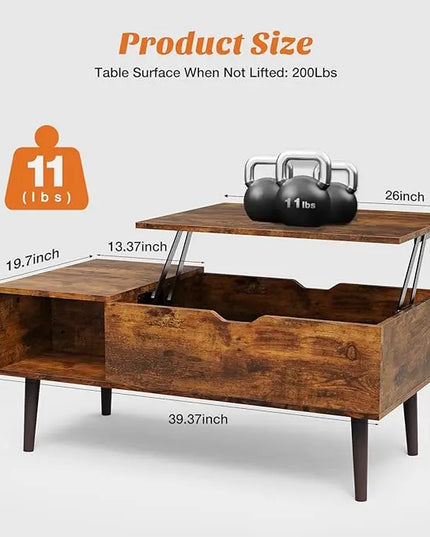 Sweetcrispy Coffee Table Brown, Lift Top Coffee Tables for Living Room, Small Rising Wooden Dining Center Tables with Storage Shelf and Hidden Compartment - LeafyLoom