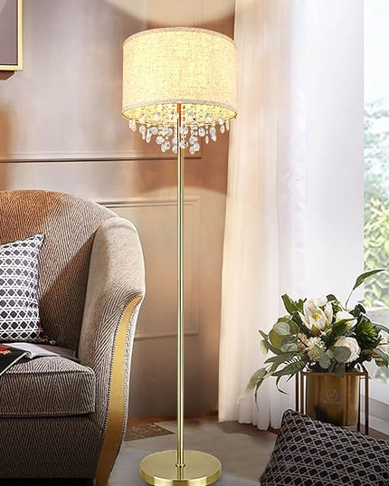DLLT LED Floor Lamp for Living Room, Crystal Elegant Reading Standing Light for Kids Bedroom, Suit Mid Century, Modern & Farmhouse Rooms, Tall Pole with Fabric Drum Shade, Brass, E26 Warm Light - LeafyLoom