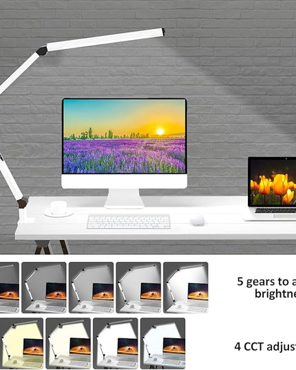 Micomlan LED Desk Lamp for Home Office, Architect Clamp Desk Lamp with Remote Control, Adjustable Swing Arm Clamp on Desk Light Clip-on Dual Light 5 Brightness Levels & 4 CCT Modes Table Light - LeafyLoom