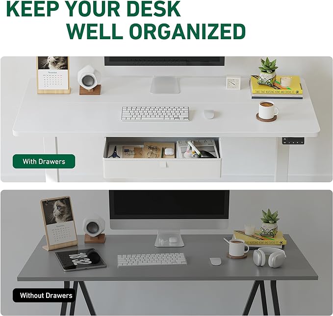 FEZIBO 55 x 24 Inches Standing Desk with Drawer, Adjustable Height Electric Stand up Desk with Storage, Sit Stand Home Office Desk, Ergonomic Computer Desk, White - LeafyLoom