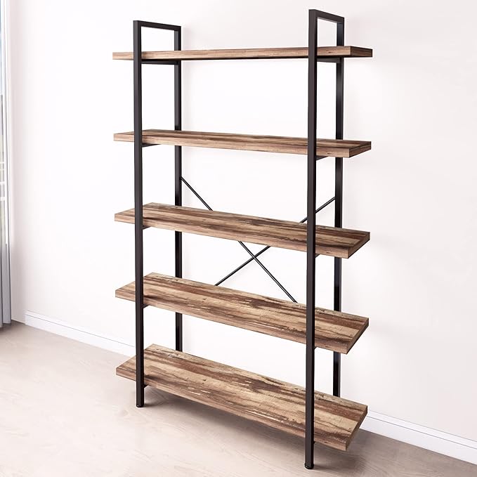 45MinST 5-Tier Vintage Industrial Style Bookcase/Metal and Wood Bookshelf Furniture for Collection,Vintage Brown, 3/4/5 Tier (5-Tier) - LeafyLoom