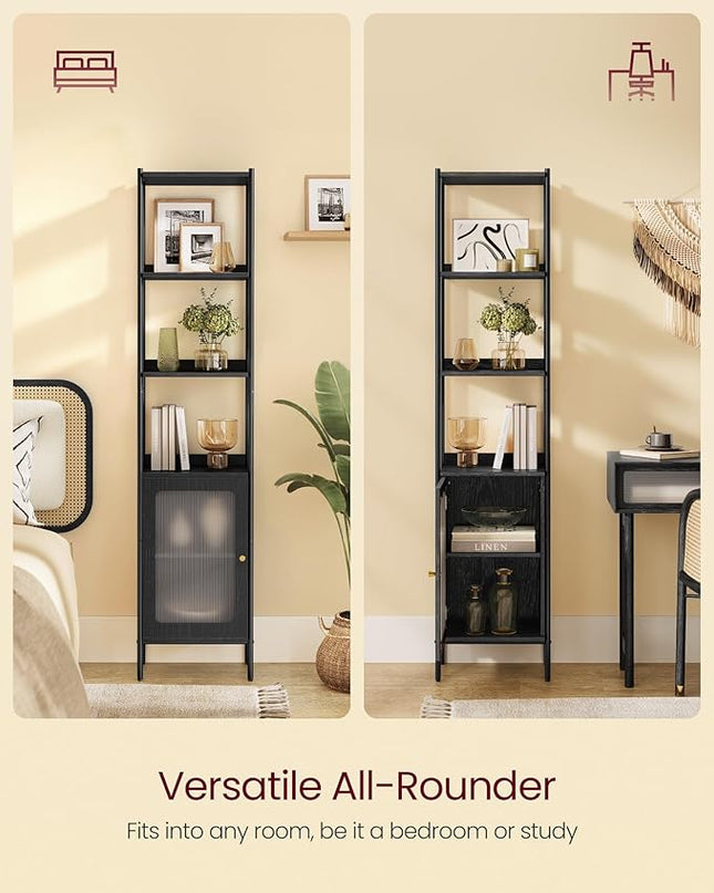 VASAGLE 6-Tier Bookcase, Slim Bookshelf with PC Door, Freestanding Storage Shelf with Metal Frame, Adjustable Shelf, for Living Room, Ebony Black and Matte Black ULLS123B56 - LeafyLoom