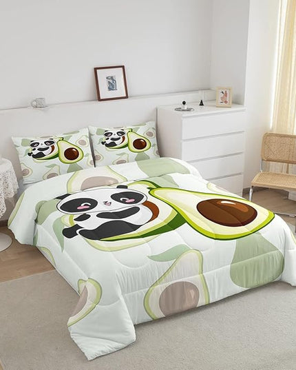 Kids Cute Panda Bedding Set Twin Kawaii Avocado Comforter Set for Boys Girls Bedroom Dorm Decor,Fruit Cartoon Exotic Animal Bedding Comforter Sets Giant Panda Bed Quilt Sets 2 Pcs Green Black White - LeafyLoom