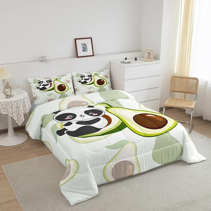 Kids Cute Panda Bedding Set Twin Kawaii Avocado Comforter Set for Boys Girls Bedroom Dorm Decor,Fruit Cartoon Exotic Animal Bedding Comforter Sets Giant Panda Bed Quilt Sets 2 Pcs Green Black White - LeafyLoom