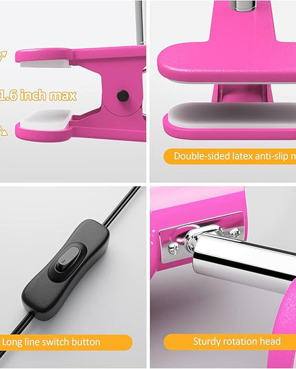 LED Clip on lamp,5W Super Bright Reading Light, 330° Rotation Small Lamp with Clamp on Desk/Table/Bed Headboard/Cupboard Home Lighting, Modern and Save Space Illumination Powerful Lamp Pink - LeafyLoom