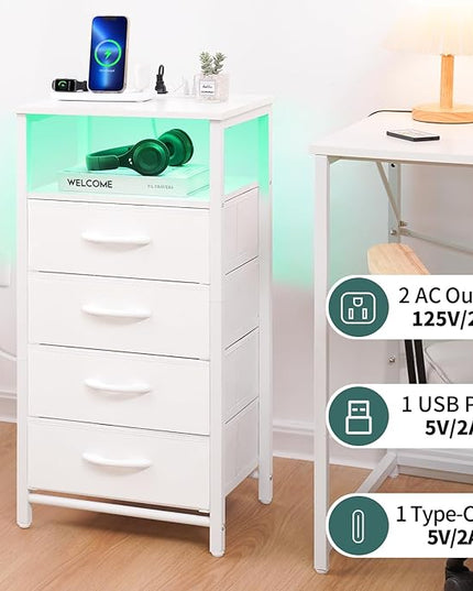 Yoobure LED Nightstand with Charging Station, Tall Dressers for Bedroom, White Night Stand with 4 Storage Drawers, Bedside Table for Closet, Fabric Side Table, End Table in Living Room - LeafyLoom