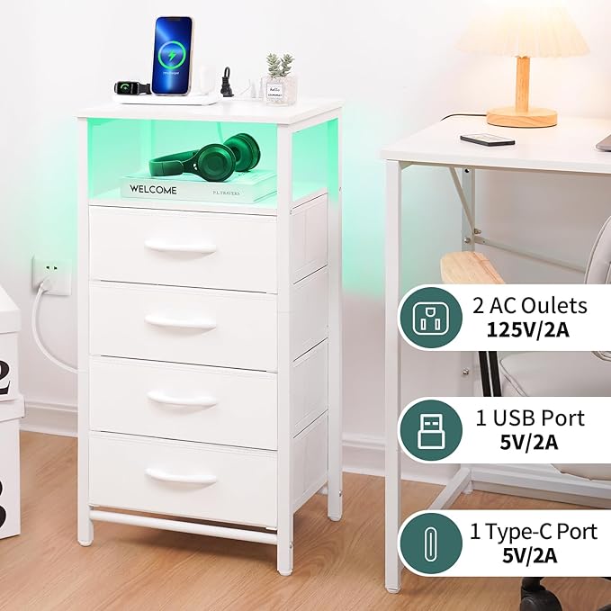 Yoobure LED Nightstand with Charging Station, Tall Dressers for Bedroom, White Night Stand with 4 Storage Drawers, Bedside Table for Closet, Fabric Side Table, End Table in Living Room - LeafyLoom