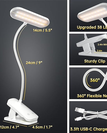 Desk Lamp Battery Operated, Clip on USB Rechargeable Reading Light for Headboard with Large Clamp, 25 Models Adjustable Cordless Touch Light for Bed Frame Bunk Dorm Table Bedside (White) - LeafyLoom