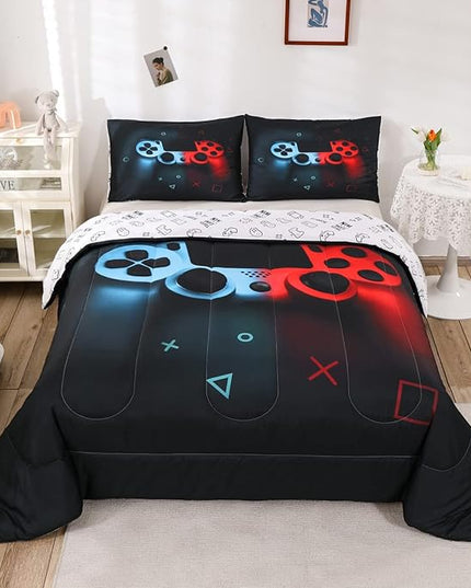 Boys Gamepad Comforter Set Full,Play Gamer Bedding Set Kid Young Man Video Games Down Comforter for Teen Child Game Room Decor Black Classic Retro Gaming Quilt Duvet Set with Controller Button - LeafyLoom