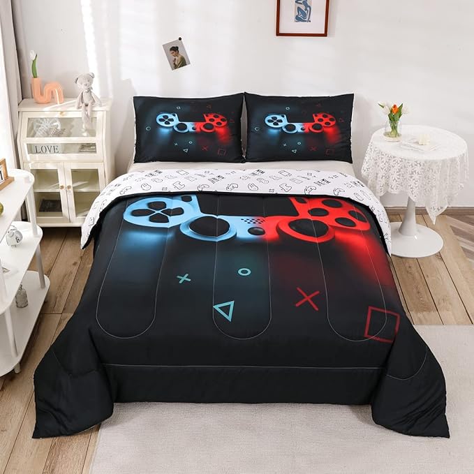 Boys Gamepad Comforter Set Full,Play Gamer Bedding Set Kid Young Man Video Games Down Comforter for Teen Child Game Room Decor Black Classic Retro Gaming Quilt Duvet Set with Controller Button - LeafyLoom