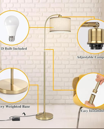 Boncoo LED Floor Lamp Fully Dimmable Modern Standing Lamp Arc Floor Lamp with Adjustable Drum Shade, Gold Tall Pole Reading Lamp Corner Light for Living Room Bedroom Study Room, Bulb Included - LeafyLoom