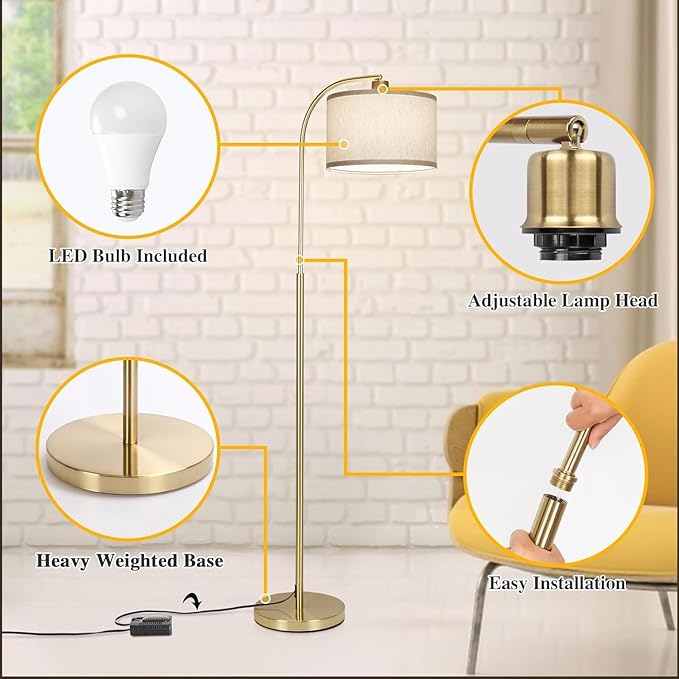 Boncoo LED Floor Lamp Fully Dimmable Modern Standing Lamp Arc Floor Lamp with Adjustable Drum Shade, Gold Tall Pole Reading Lamp Corner Light for Living Room Bedroom Study Room, Bulb Included - LeafyLoom