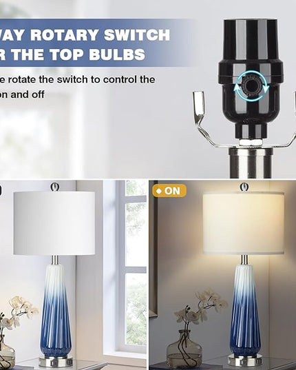 28" Glass Table Lamp Set of 2, Modern Table Lamps with USB A+C Ports & AC Outlet, Touch Control Bedside Nightstand Lamp with LED Night Light & White Fabric Shade for Living Room Blue(4 Bulbs Included) - LeafyLoom