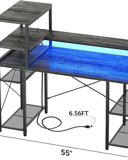 Cyclysio 55 inch Gaming Desk with LED Light, Adjustable Computer Desk with Storage Shelves, Home Office Desk with Power Outlets, Computer Gaming Desk with Long Monitor Stand for Small Space, Grey - LeafyLoom