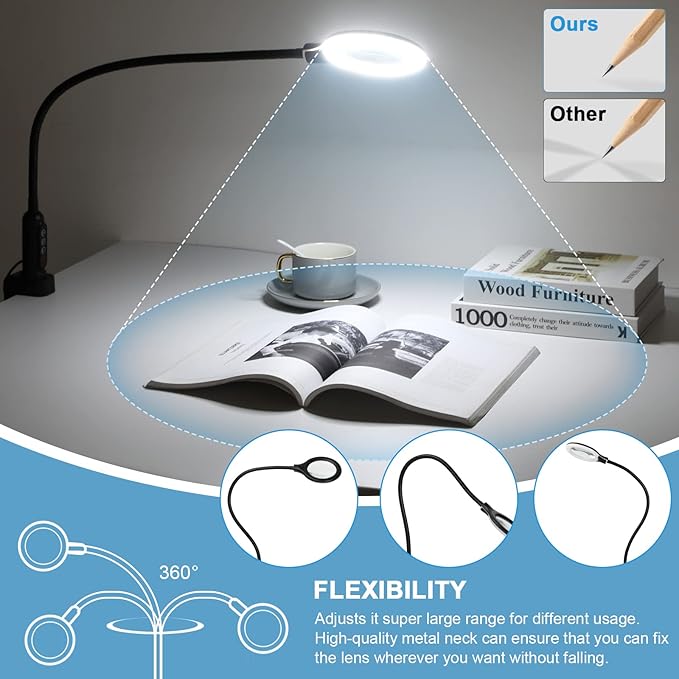 26" Gooseneck Magnifying Lamp with Clamp, 5 Color Modes Stepless Dimmable LED Desk Light with Magnifying Glass, 10X Real Glass Lighted Magnifier Hands Free for Painting Close Work Craft Hobby - LeafyLoom