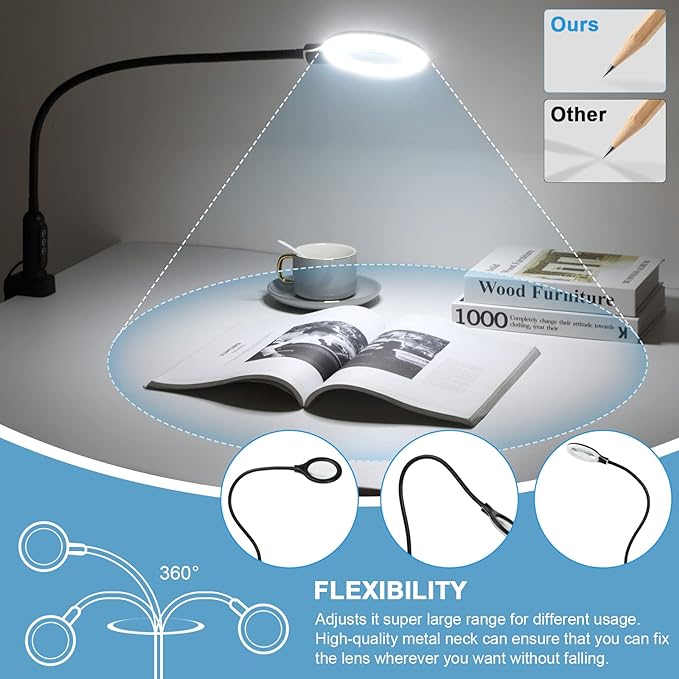 26" Gooseneck Magnifying Lamp with Clamp, 5 Color Modes Stepless Dimmable LED Desk Light with Magnifying Glass, 8X Real Glass Lighted Magnifier Hands Free for Painting Close Work Craft Hobby - LeafyLoom