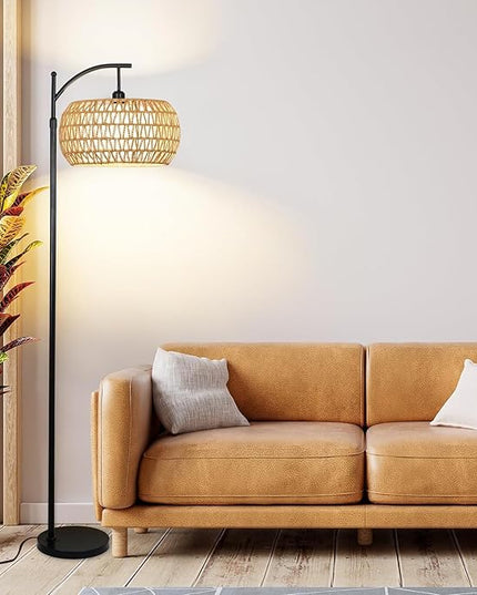 Floor Lamp for Living Room,Bedroom,Boho Rattan Floor Lights,Tree 3 Bulb Standing Lamp Farmhouse Industrial Black Tall Lamp,Wicker Bamboo Lamp Shade Flower Dimmable Floor Lamps Bohemian Decor - LeafyLoom