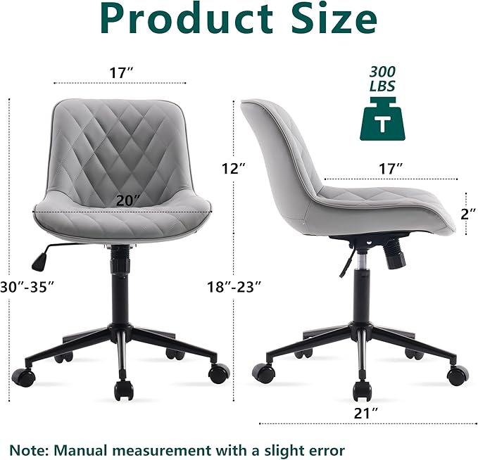 YOUNUOKE Comfortable Desk Chair, Home Office Chairs with Wheels, Armless Samll Comfy Vanity Chairs, PU Leather Computer Task Work Desk Chairs, Gery - LeafyLoom