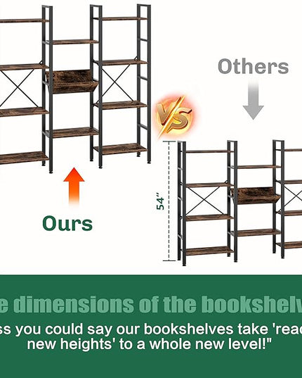 Shintenchi Industrial Bookcase,71.6” Triple 4 Tier Bookshelf with 11 Open Display Shelves,Large Etagere Bookshelf Open Record Player Shelves,Wide Book Shelf Book Case for Home & Office,Rustic Brown - LeafyLoom