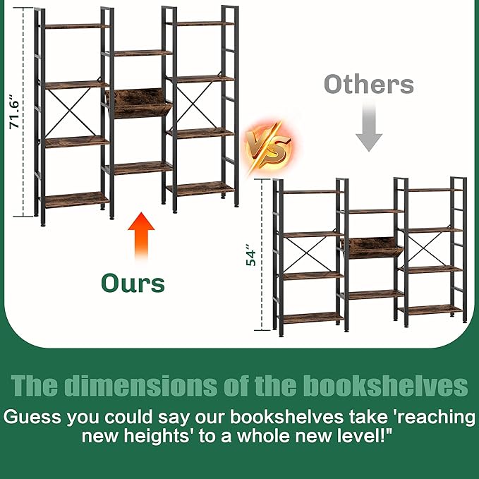 Shintenchi Industrial Bookcase,71.6” Triple 4 Tier Bookshelf with 11 Open Display Shelves,Large Etagere Bookshelf Open Record Player Shelves,Wide Book Shelf Book Case for Home & Office,Rustic Brown - LeafyLoom