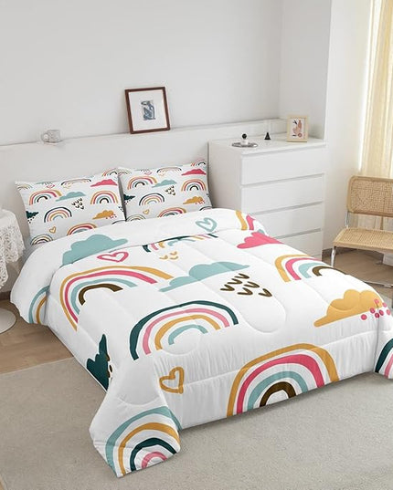 Girly Rainbow Comforter Set Queen Size,Hand Drawn Kawaii Rainbow Bedding Sets for Kids Children,Lovely Cartoon Style Clouds Love Heart Duvet Insert Abstract Artwork Down Comforter with 2 Pillow Shams - LeafyLoom