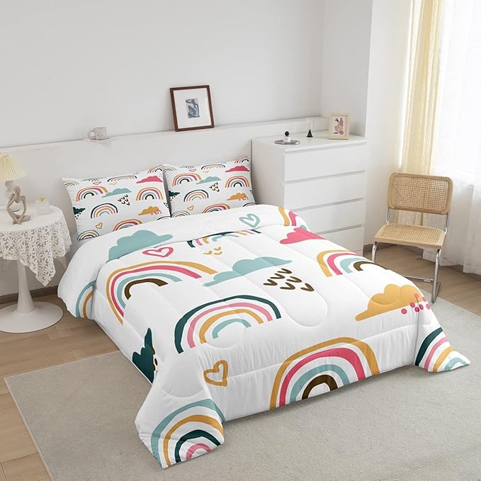 Girly Rainbow Comforter Set Queen Size,Hand Drawn Kawaii Rainbow Bedding Sets for Kids Children,Lovely Cartoon Style Clouds Love Heart Duvet Insert Abstract Artwork Down Comforter with 2 Pillow Shams - LeafyLoom