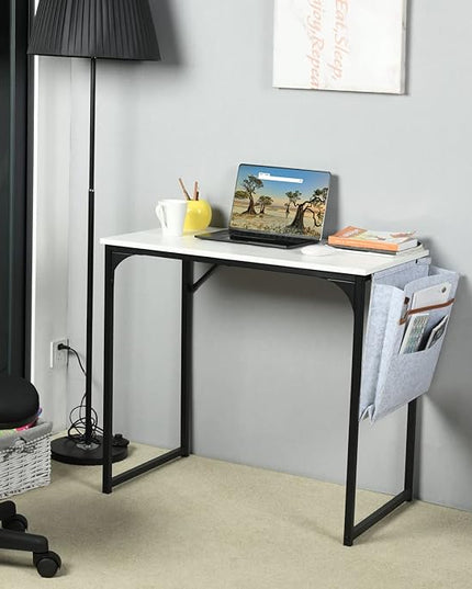 FurnitureR 31.5 inch Small Study Writing Table with Storage Bag Space Saving for Home Office, Modern PC Metal Frame Computer Desk, White - LeafyLoom