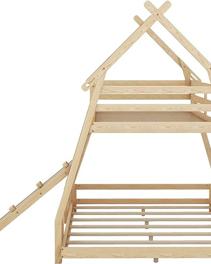 Twin Over Queen House Shape Bunk Bed, Wooden Bunk Beds House Bed with Climb Nets and Climbing Ramp for Kids Boys Girls Bedroom, No Box Spring Needed, Natural - LeafyLoom