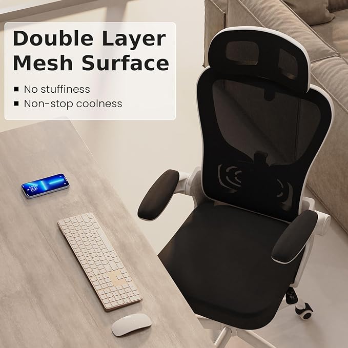 Ergonomic Office Chair, High Back Home Desk Chair with Adjustable Lumbar Support and Headrest, Breathable Mesh Swivel Task Chair, White Executive Computer Chair, 1 Pack - LeafyLoom