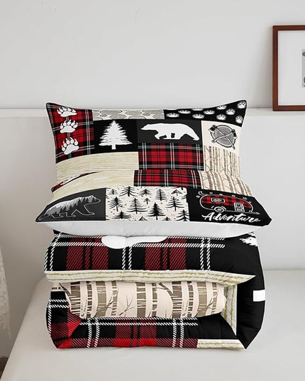 Manfei Bear Comforter Set Twin Size,Pine Trees Animals Hunting Bedding Set for Kids Boys Girls Adults Room Decor,Camping Adventure Rustic Farmhouse Down Comforter,Red Plaids Duvet Insert,1 Pillowcase - LeafyLoom