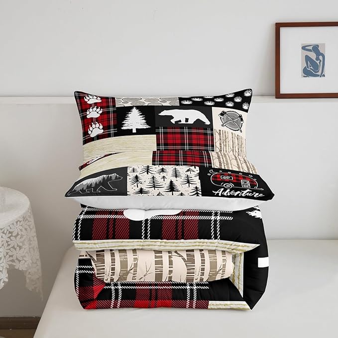 Manfei Bear Comforter Set Twin Size,Pine Trees Animals Hunting Bedding Set for Kids Boys Girls Adults Room Decor,Camping Adventure Rustic Farmhouse Down Comforter,Red Plaids Duvet Insert,1 Pillowcase - LeafyLoom