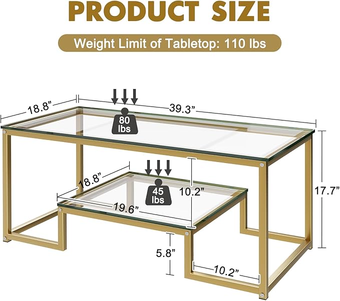 Coffee Table Gold Glass Coffee Table for Living Room,2 Tiers Rectangle Center Table with Sturdy Metal Frame,Modern Tempered Glass Accent Table for Bedroom Home Office - LeafyLoom