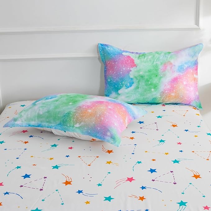A Nice Night Galaxy Bedding Sets Outer Space Comforter 3D Printed Space Quilt Set Queen Size Glitter Pink Green Color,for Children Boy Girl Teen Kids - LeafyLoom